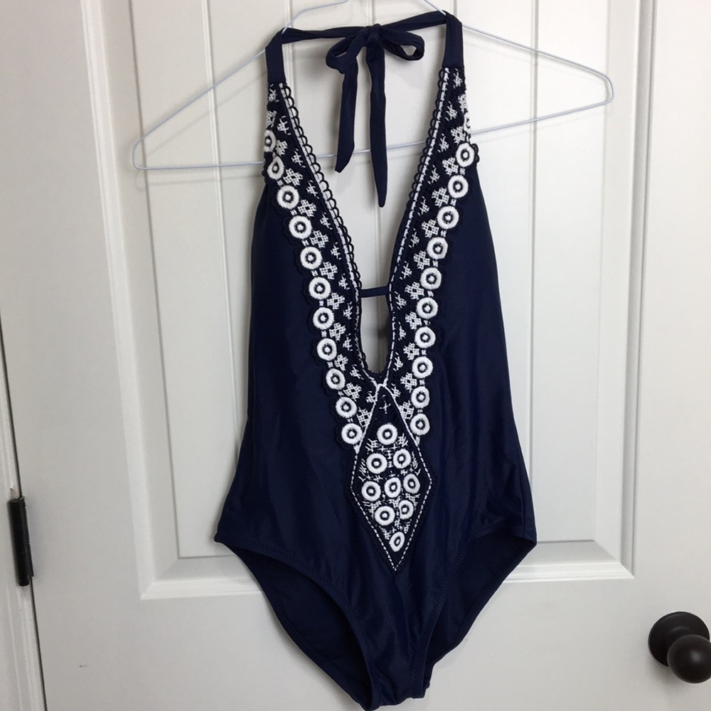 Kona Sol Embroidered One Piece Blue Swimsuit Small